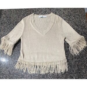 Bishop + Young Women Beige Fringe V-Neck Knit Sweater Top Sz XS Boho Champagne